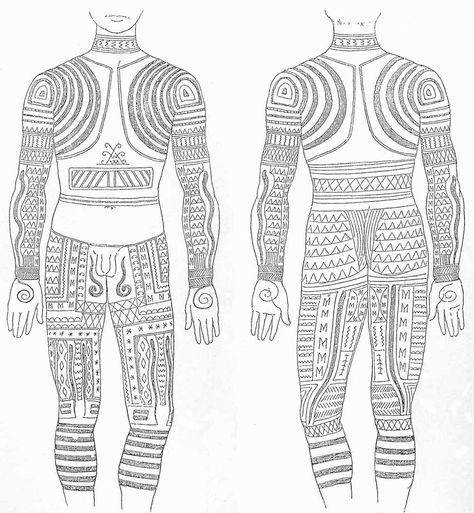 Traditional Ibaloi burik, drawing by Hans Meyer, ca. 1880. Many figurative designs such as lizards, snakes, scorpions, and anthropomorphs are incorporated into the overall burik design. Although many Ibaloi headhunters took heads home in their day, only the bravest warriors drank from the sacred rice wine and human brain beverage that would make them more powerful! It has been suggested that the sun-wheel (spiral) pattern placed on the backs of the hands functioned to invoke the protection o... Traditional Filipino Tattoo, Philippines Tattoo, 42 Tattoo, Tattoo Son, Filipino Tattoos, Filipino Art, Filipino Culture, Bravest Warriors, Estilo Hippie