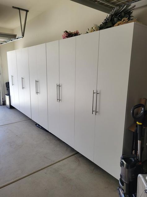 Laundry Room Tall Storage Cabinet, Basement Wardrobe Storage, Storage Room Cabinets, Garage Storage Cabinets With Doors, Laundry Room Wall Cabinets, Garage Organization Cabinets, No Garage Solutions, Garage Cabinet Organization Ideas, Wall Of Storage Cabinets