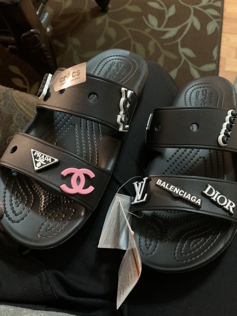 Slides Black Women, Crocs Slides Crocs Shoes, Croc Sandals, Croc Slides, Baddie Slides, Black Croc Sandals, Breathable Black Slides For Streetwear, Crocs Slides Black, Luxury Black Slides For Streetwear