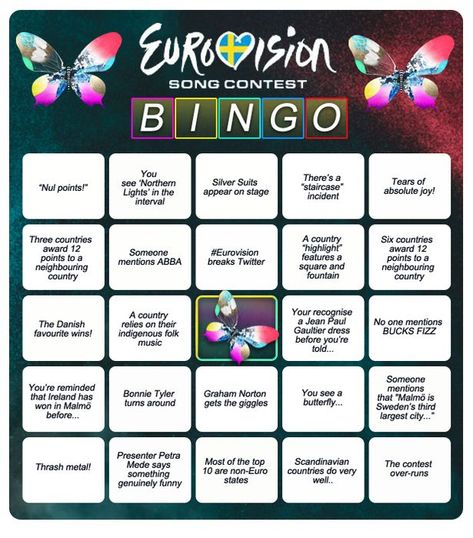 Eurovision-Song-Contest-Bingo Eurovision Party, Bonnie Tyler, Eurovision Songs, Eurovision Song Contest, Drinking Games, World Peace, Outdoor Party, Music Lessons, Hetalia