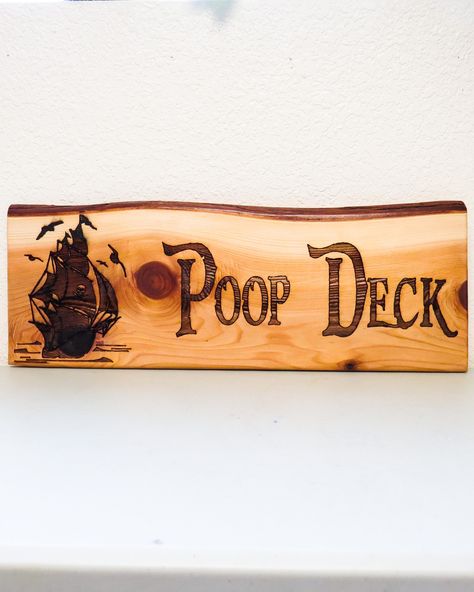 Pirate Decorations Diy, Coastal Industrial Decor, Pirate Bathroom Decor, Pirate Bathroom, Laser Creations, Pirate Nursery, Pirate Signs, Poop Deck, Pirate Room