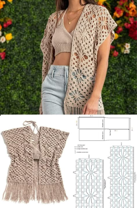 Jaket Crochet, Crochet Bolero Pattern, Crochet Beach Wear, Crochet Shawl Diagram, Crochet Tank Tops, Crochet Applique Patterns Free, Crochet Kimono, Gilet Crochet, Men Crochet