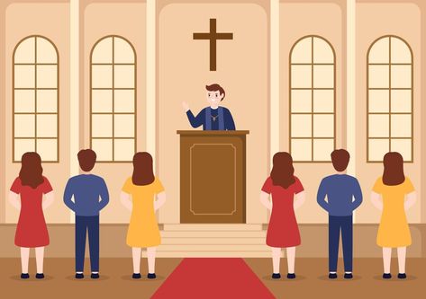 Pastor Giving a Sermon of God in Cassock at a Catholic Church from Pulpit and Baptism in Flat Cartoon Hand Drawn Templates Illustration Jesus Cross Wallpaper, Bible Artwork, Cross Wallpaper, Church Pictures, Family Cartoon, Cartoon People, Church Service, Pictures Of People, Dope Art