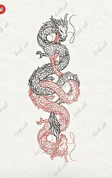 Dragon Tattoo On Leg For Men, Dragon Tattoo Black Red, Red And Black Dragon Tattoo For Women, Dragon And Rose Tattoo Design, Men Dragon Tattoo Back, 2 Dragons Tattoo Back, Red And Black Chinese Dragon Tattoo, Red Black Dragon Tattoo, Chinese Dragon Tattoo For Women Back