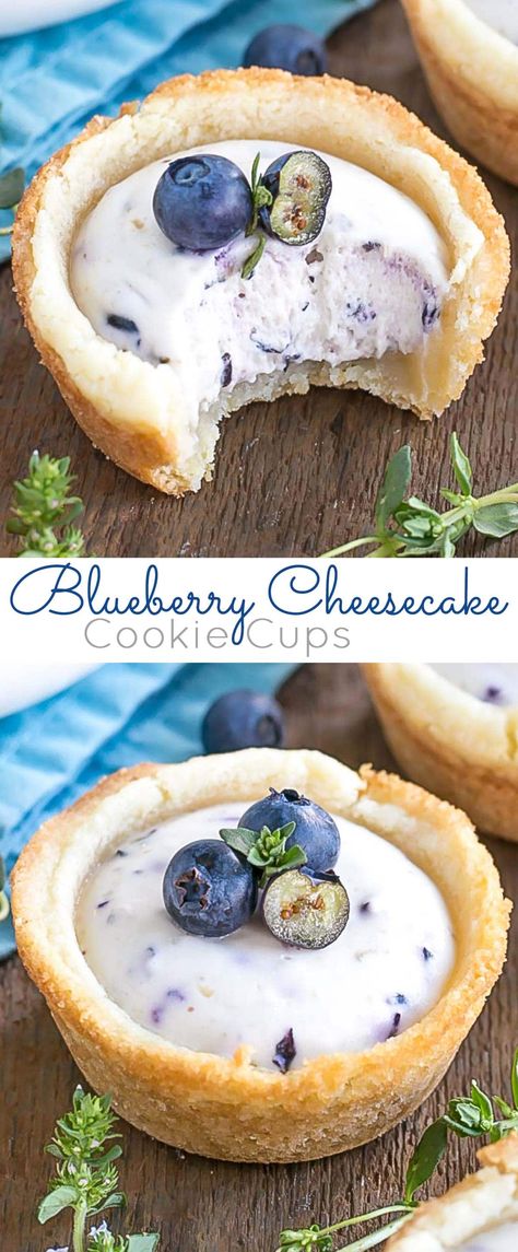 These Blueberry Cheesecake Cookie Cups make perfect use of those fresh summer berries! | livforcake.com Blueberry Christmas Dessert, Blueberry Cheesecake Filling, Blueberry Dessert Ideas, Shortcut Recipes, Grape Cheesecake, Blueberry Cheesecake Cookies Recipes, Desserts That Freeze Well, Blueberry Cheesecake Cupcakes Recipe, Mini Blueberry Cheesecakes