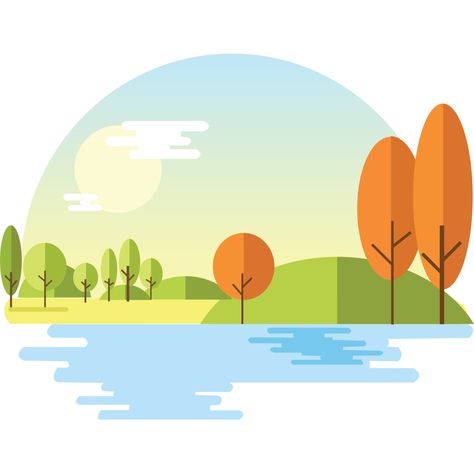 beautiful design illustration mountain nature illustration river sunset tree ui Flat Landscape Illustration, Flat Design Illustration Landscape, Nature Graphic Design Illustration, Mountain Illustration Design, Nature Vector Illustration, River Illustration, Illustration Mountain, River Sunset, Illustration Art Design