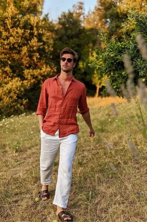 Experience the Ultimate Comfort: Men's Summer Outfits with Linen Elements - mens-club.online Caribe Cooler, Linen Men Outfit, Linen Outfit Men, Bali Outfit, Mens Linen Outfits, Vacation Outfits Men, Friday Dinner, Linen Pants Outfit, Mens Summer Outfits