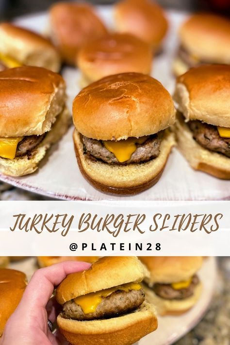 turkey burger sliders on a plate and one slider in a hand Ground Turkey Sliders Recipes, Turkey Burger Sliders Recipes, Ground Turkey Sliders, Sliders Recipes Turkey, Burger Sliders Recipes, Turkey Burger Sliders, Ground Turkey Burgers, Rich Recipes, Turkey Sliders