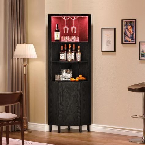 Corner Bar Cabinet with LED Lights & Glass Holder, 5 Tier Corner Shelf with Storage, Wine Rack Corner Wine Cabinet, Corner Wine Rack, Shelf With Storage, Pentagon Design, Corner Bar Cabinet, Liquor Storage, Coin Bar, Armoire D'angle, Corner Bar