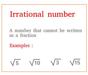 Irrational numbers are real numbers that cannot be expressed as a ratio of Integers.   They cannot be expressed as fractions.  This set includes the non-repeating, non-terminating decimals.  For the examples to the right, If you plug those into a calculator, you will notice that the decimal equivalent does not terminate, and there is no pattern of repeated numbers. Math Examples, Writing Fractions, Maths Tricks, Math Tutoring, Classroom Charts, Irrational Numbers, Number System, Class 9, Real Numbers