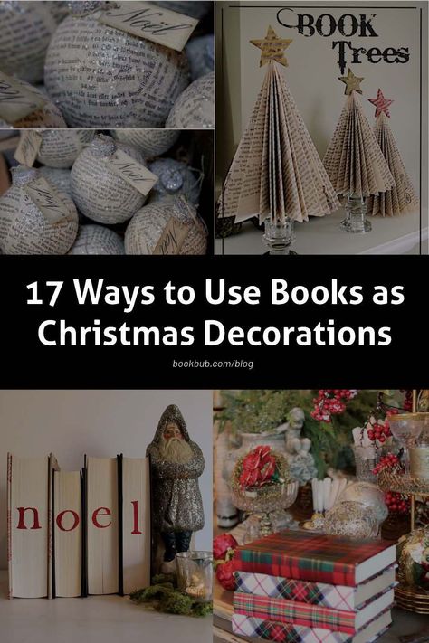 From wreaths to Advent calendars to trees, here are 17 incredible ways to use books in your Christmas decorations! #books #Christmas #bookdecor Christmas Crafts With Old Books, Old Book Christmas Decorations, Book Themed Christmas Tree Ideas, Diy Book Christmas Tree, Book Christmas Crafts, Christmas Decor Books, Old Book Christmas Tree, Book Theme Christmas Tree, Christmas Library Decor