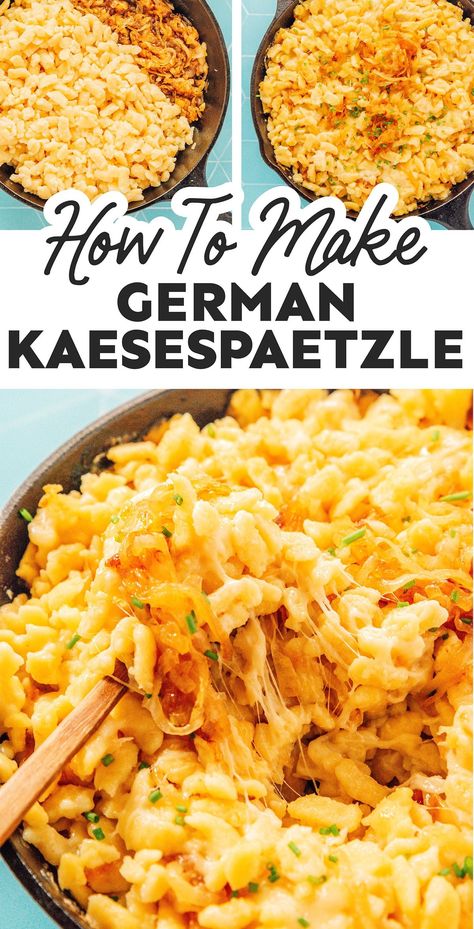 Nothing says comfort like a heaping bowl of German Cheese Spaetzle (or Käsespätzle), a blend of spaetzle, caramelized onion, and cheese! It's a flavor packed healthy pasta recipe that the whole family will love. German Spaetzle Recipes, Spatzle Recipe Dishes, Spetzel Recipe Easy, Spetzel Recipe, Spaetzle Recipes, Spatzle Recipe, Speatzle Recipe, German Pasta, Cheese Spaetzle