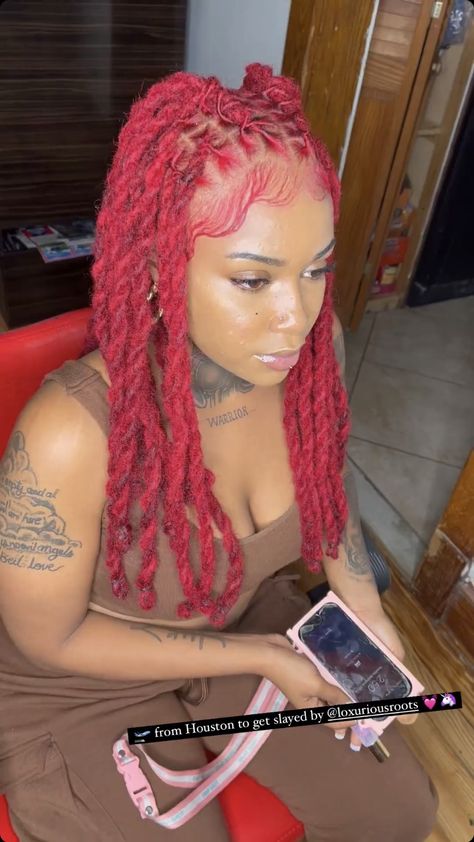 Valentines Loc Styles, Long Loc Styles Black Women, Birthday Loc Styles, Unique Loc Styles Short, Updo Locs Hairstyles For Women, Dread Colors, Unique Loc Styles, Loc Colors, Side Ponytail Hairstyles