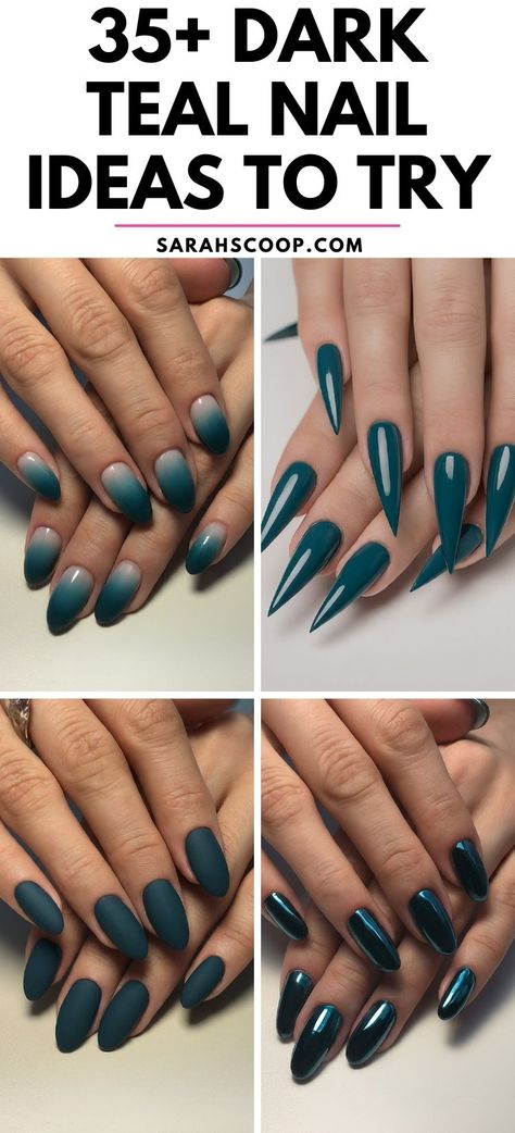 These dark teal nail ideas will breathe new depth into your nail art game. It's the perfect pop of color for a night out, a special event, or even everyday wear! #NailDesigns #NailArt #Nails Dark Teal Nails With Gold, Dark Colours Nails Designs, Teal And Grey Nails Design, Teal Nails Matte, Maroon And Teal Nails, Shades Of Teal Nails, Black Nails With Blue Tips, Teal Almond Nails Designs, Dark Teal Almond Nails