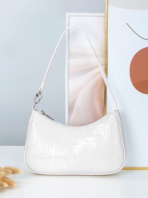 Embossed Bag, White Shoulder Bag, Trendy Shoulder Bag, Bags For Teens, Crocodile Print, Elegant Bags, White Purses, White Handbag, Baguette Bag