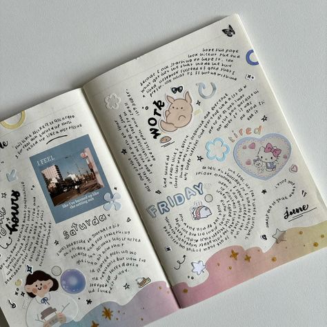 Cute Journal Spreads, Diary Journal Aesthetic, Journal Design Ideas, Aesthetic Design Ideas, Journal Motivation, Notebooks Aesthetic, Aesthetic Paper, Sticker Inspiration, Journal Creative