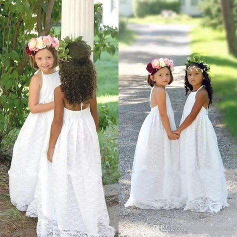 The white girls dress which match the flowers-2018 new cheap halter beach boho flower girls dresses for weddings full lace sleeveless backless floor length first communion dress is offered in dress_beautiful and on DHgate.com young girls dresses along with baptism dresses for toddlers are on sale, too. Boho Flower Girls, Monsoon Flower Girl Dress, Halter Flower Girl Dress, Unique Flower Girl Dresses, Yellow Flower Girl Dresses, Kids Flower Girl Dresses, Kids Prom Dresses, Girls Pageant Gowns, Purple Flower Girl Dress