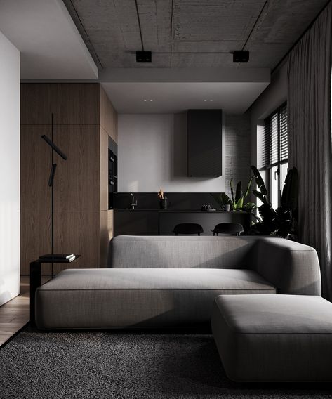 Concrete Bedroom, Dark Decor, Black Interior Design, Apartment Aesthetic, Dark Interiors, Interior Modern, Minimalism Interior, Apartment Interior Design, Apartment Interior