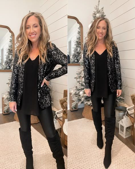 Black Sequined Blazer Outfit, Black Sparkle Blazer Outfit, Sparkle Ankle Boots Outfit, Silver Sequin Boots Outfit, Sparkly Jacket Outfit, Sparkly Shoes Outfit Casual, Sequin Concert Outfit Ideas, New Years Eve Outfits With Boots, Women’s New Years Eve Outfit