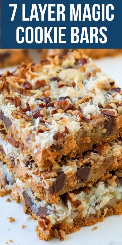 These 7-layer Magic Cookie Bars are made with seven delicious layers. A classic cookie recipe full of sweet flavor! Magic Cookie Bar Recipe, Sweetened Condensed Milk Recipes, Mint Desserts, Resep Brownies, Magic Cookie Bars, Classic Cookies Recipes, Condensed Milk Recipes, Dessert Bar Recipe, 7 Layer