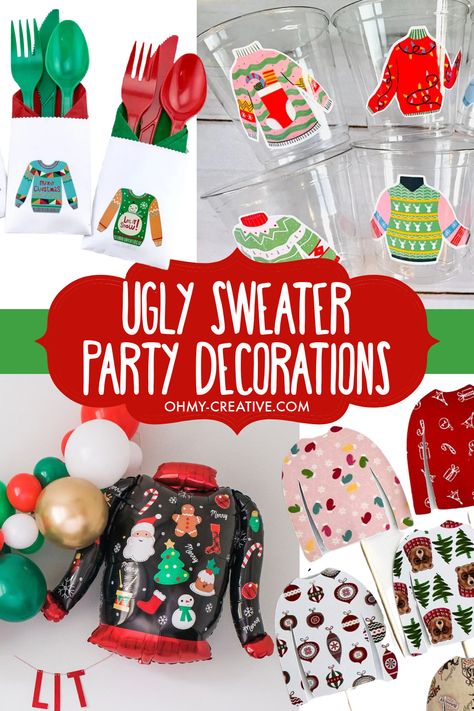 Find all the Ugly Sweater Party Decorations you need to make your Christmas sweater party a success below. Ugly sweater party decorations include photo booth backdrop and props, ugly sweater balloons, ugly sweater cutouts, ugly Christmas sweater balloons, ugly sweater cups, ugly Christmas sweater invitations and more! Adult Ugly Sweater Christmas Party, Ugly Christmas Sweater Party Ideas Decor, Ugly Sweater Christmas Party Decorations, Ugly Sweater Christmas Party Ideas, Ugly Christmas Sweater Party Games, Ugly Sweater Party Food, Ugly Sweater Party Decorations, Ugly Xmas Sweater Party, Christmas Party Decor Ideas