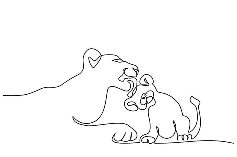 Continuous one line drawing. Young lioness with lion cub. Vector illustration Lioness Illustration, Lioness Tattoo, Lion Cubs, One Line Drawing, Lion Cub, Hip Tattoo, Line Art Drawings, Simple Art, Vector Graphics