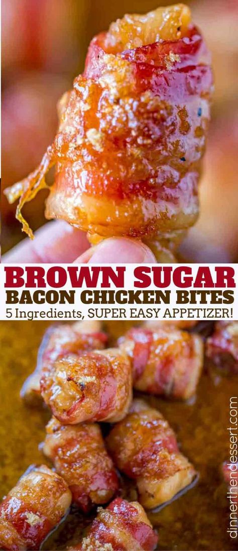 Bacon Brown Sugar Chicken Bites are the perfect salty, sticky, sweet and crispy appetizer for the holidays and game day with just five ingredients! Bacon Chicken Bites, Bacon Brown Sugar Chicken, Super Easy Appetizers, Brown Sugar Chicken, Brown Sugar Bacon, Bacon Chicken, Chicken Bites, Finger Food Appetizers, Football Food