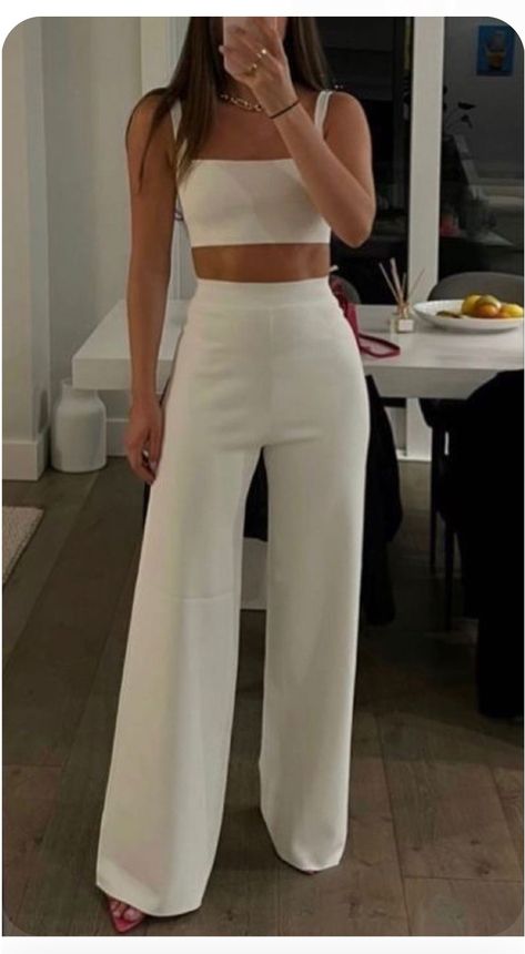 Graduation Outfits With Pants, Banquet Casual Outfit, Birthday Outfit Classy Night, Grad Party Outfit Summer Casual, White Pants And Top Outfit, Classy Bachelorette Outfit, Summer Bridal Outfits, Winter White Party Outfit, Formal Banquet Outfit