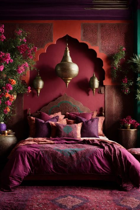 Dive into a world of enchantment with this Moroccan-inspired bedroom, where rich wine-red walls effortlessly contrast with vibrant splashes of teal and emerald. The centerpiece is a regally carved headboard, a testament to masterful craftsmanship, setting the stage for a bed adorned with sumptuous pillows boasting intricate patterns. Overhead, an array of golden lanterns dangle, casting a mystical glowThis bedroom is truly a lavish retreat, inviting one to indulge in its serene beauty. Oasis Decor, Moroccan Inspired Bedroom, Moroccan Wall Decor, Moroccan Room, Moroccan Bedroom, Moroccan Wall, Luxury Bedroom Design, Bed Design Modern, Sanctuary Bedroom