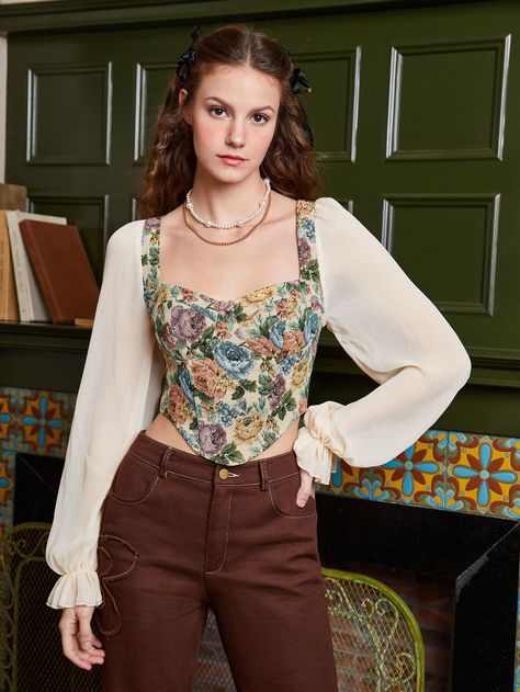 [AffiliateLink] Multicolor Boho Collar Long Sleeve Woven Fabric Floral Top Embellished Non-Stretch Women Tops, Blouses And Tee #floralblousedesignsforsaree Long Sleeves Blouses For Sarees, Floral Corset Top Outfit, Flower Tops Outfit, Corset With Sleeves, Floral Blouse Outfit, Blouse Designs For Saree, Floral Blouse Designs, Corset Top Outfit, Floral Corset Top