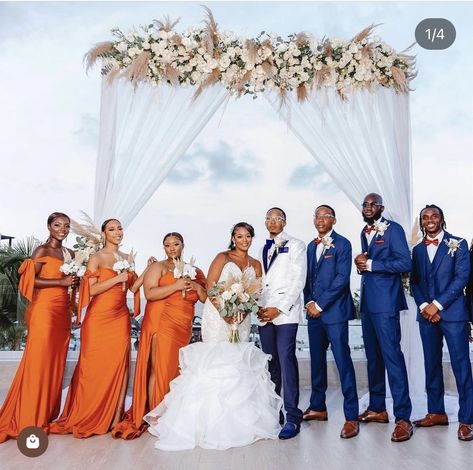 Royal Blue Orange Wedding, Blue Wedding Black People, Royal Blue And Orange Wedding Theme, Navy Blue Groomsmen Suits Burnt Orange, Navy Blue And Orange Wedding Theme, Orange And Blue Bridesmaid Dresses, Beach Wedding Ideas Colors, Navy Blue And Burnt Orange Wedding, Burnt Orange And Navy Blue Wedding