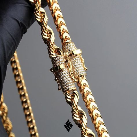 Solid 14K Yellow Gold Rope & Franco Chain With Customized Diamond Locks. Custom made to order #CustomJewelry #IFANDCO Gold Chains For Men Unique, Mens Accessories Necklace, Gold Chain Design, Chain For Men, Gold Wedding Jewelry, Gold Chains For Men, Mens Gold Bracelets, Gold Chain Jewelry, Gold Jewelry Simple