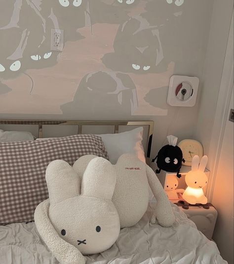 room inspo from @dimsum_gurl on instagram. #miffy #studioghibli #inspo #inspiration #cute #aesthetic #sprites #beige #white White Miffy Aesthetic, Minimalist Sanrio Bedroom, Miffy Home Decor, Miffy Furniture, Miffy Room Aesthetic, Miffy Room Decor, Aesthetic Minimalist Apartment, Miffy Pillow, Miffy Bedroom