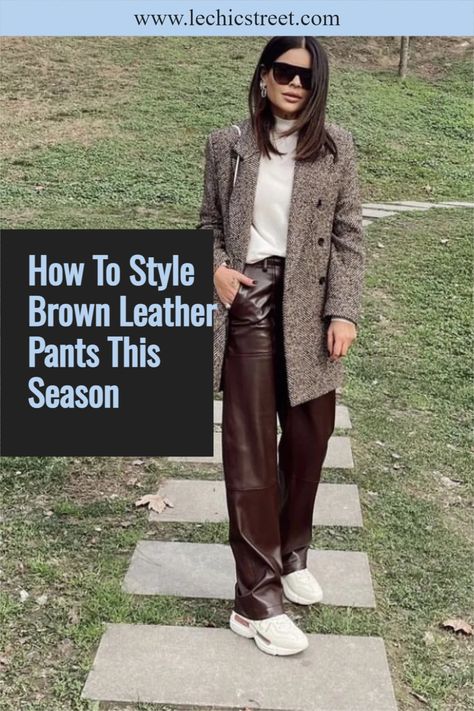 How To Style Brown Leather Pants This Season. Brown leather pants is the perfect fall outfits or winter outfits aesthetic. The leather aesthetic is a cool weather staple. Find ways to style leather pants outfit for the fall or winter. The leather aesthetic is perfect for the fall fashion outfits or winter style. #leatheraesthetic #leatherpants #leatheroutfit #falloutfits #winteroutfits Brown Leather Pants Fall Outfit, Casual Brown Leather Pants Outfit, Leather Pant Winter Outfits, Brown Leather Pants Outfit Fall, What Shoes To Wear With Brown Leather Pants, Brown Coated Jeans Outfit, Coffee Trousers Outfit, Brown Leather Pant Outfits, Brown Leather Pants Business Outfit