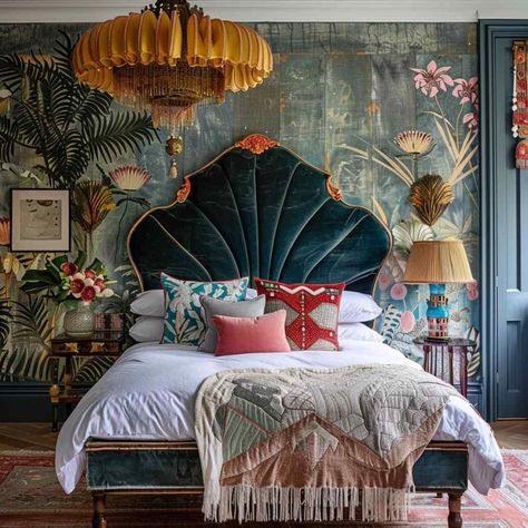 Modern And Eclectic Decor, Unique Airbnb Interior, Victoria Modern Bedroom, Haute Eclectic Interior, Eclectic Headboard Ideas, Bold Eclectic Bedroom, Unique Bedroom Colors, Creative Airbnb Ideas, Art Deco Bed Headboard