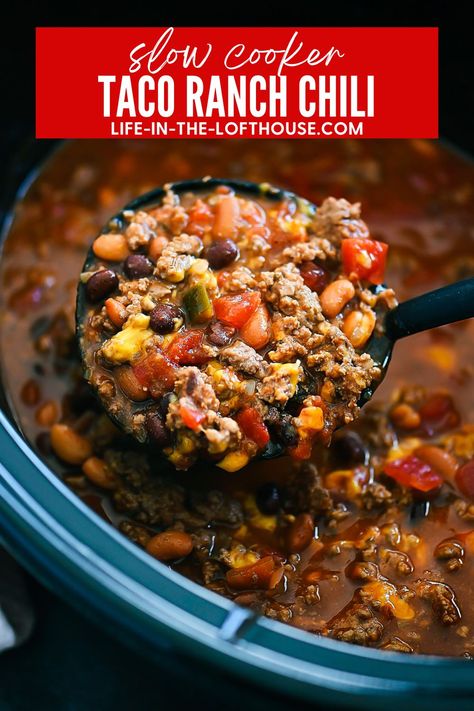 Slow Cooker Taco Ranch Chili Easy Beef Chili Recipe Crockpot, Ranch Chili Recipe, Taco Ranch Chili, Texas Crockpot Chili, Mexican Style Chili Beans, Quick Crockpot Chili Recipe, Taco Chili Recipe Crockpot, Chili With Ranch Style Beans, Ranch Style Beans Chili