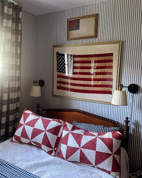 A patriotic wall display. Vintage flag matted and framed. The smaller flag is a Christian pocket flag carried by a soldier in WWII | Gallery Framed American Flag In Living Room, Baseball American Flag, American Flag Room Decor, Americana Boy Room, American Flag Room, American Flag Bedroom, Flag On Wall, Americana Room, Flag Room Decor