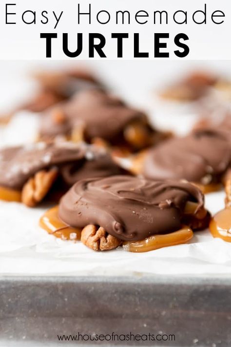 Our easy Homemade Turtles are made with chewy caramel, toasted pecans, and rich chocolate for one of the BEST Christmas candy recipes that you really can (and should!) enjoy all year round. They can be made without a candy thermometer in under 30 minutes for a fun treat that makes a great edible gift for friends and neighbors! #turtles #candy #pecans #chocolate #caramel #clusters #Christmas #holiday #easy #dessert Pecan Turtles Recipe, Turtles Recipe, Best Christmas Candy, Homemade Turtles, Turtle Recipe, Turtles Candy, Pecan Turtles, Chewy Caramel, How To Temper Chocolate