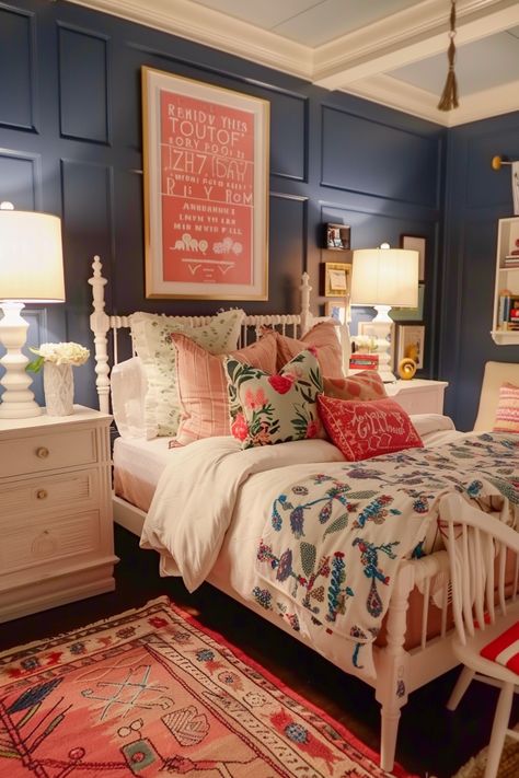 Escape to elegance in your bedroom with preppy decor using 38 ideas. Discover tips for creating a charming and stylish haven effortlessly. #ElegantEscape #PreppyBedroom Quilt On Wall In Bedroom, Homey Feeling Bedroom, Large Kids Bedroom Layout, Quirky Guest Bedroom, Martha Stewart Bedroom, Charming Home Decor, Guest Room With Day Bed, Grand Millennial Bedroom Master, Navy Bed Bedroom Ideas