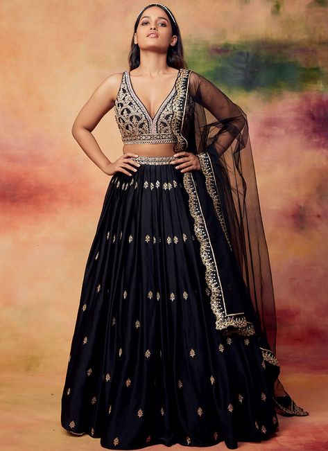 Engagement Lehenga Choli: Buy the Latest Designs | Lashkaraa Black And Gold Indian Outfit, Black Gold Lehenga, Black And Golden Lehenga, Black And Gold Lehenga, Lehenga Black, Chaniya Choli Wedding, Golden Lehenga, Bridesmaid Outfits, Satin Lehenga