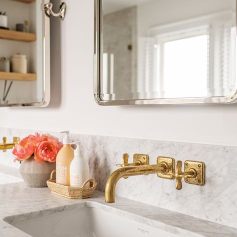 Ludlow Wall Mounted Lavatory Faucet with Cross Handles | Waterworks Wall Mount Tub Faucet Master Bath, Wall Mounted Bathtub Faucet, Wall Mounted Bathroom Faucet Ideas, Wall Mounted Sink Faucet, Wall Mounted Faucet Bathroom, Wall Faucet Bathroom, Bathroom Wall Faucets, Country Sink, Wall Mounted Bathroom Faucet