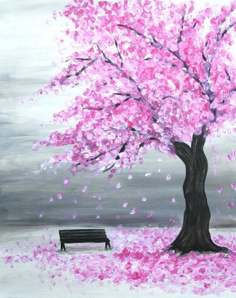 Silk Painting Techniques, Easy Landscape Paintings, Cherry Blossom Painting, Sky Art Painting, Acrylic Painting Ideas, Easy Acrylic Painting, Diy Canvas Wall Art, Easy Canvas Art, Abstract Art Painting Diy