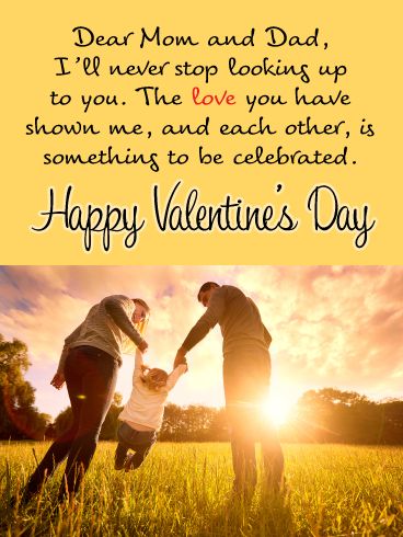 This heartwarming Valentine’s Day card for your parents will let them know that no matter how old you get, you’ll never stop looking up to them. Featuring a mom and dad holding their young child’s hand, it’s an inspiring greeting for anyone to send to the two people who they admire more than anything. So on this special day to celebrate love, let them know you’re celebrating them, no matter how near or far you may be. Happy Valentine's Day Mom, Happy Valentines Quotes, Valentines Card Message, Happy Valentines Day Mom, Valentines Message, Happy Valentines Day Quotes, Card For Parents, Valentines Day Love Quotes, Valentines Quotes