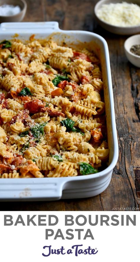 A white baking dish containing Baked Boursin Cheese Pasta with Sundried Tomatoes and Spinach sprinkled with parmesan cheese. Baked Boursin Cheese, Pasta With Sundried Tomatoes, Boursin Cheese Pasta, Baked Boursin, Sundried Tomato Recipes, Boursin Cheese Recipes, Spinach Tomato Pasta, Baked Pasta Recipe, Easy Supper Recipes