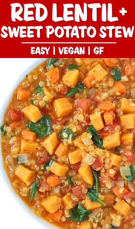 Red Lentil Sweet Potato, Healthy Nuggets, Lentil Sweet Potato, Vegan Lentil Recipes, Garden Grazer, Lentil Stew Recipes, Red Lentil Recipes, Sweet Potato Stew, Stew Vegan