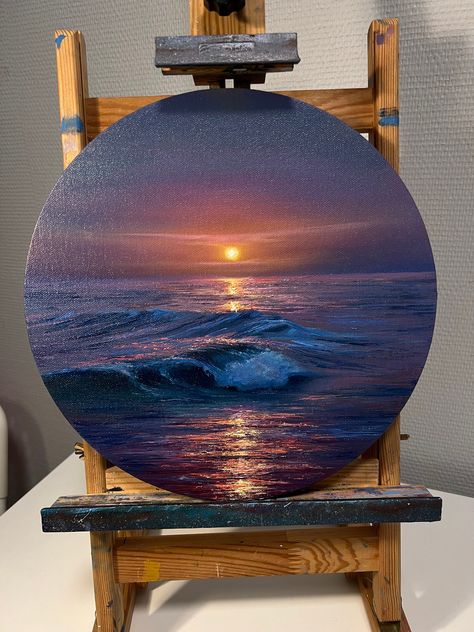 Original Art - this product is a 100% original oil painting painted by hand personally by me - artist Gala Isart ✨original hand-painted fine art one-of-a-kind ✨diameter of round canvas 12 iches, (30 cm) ✨materials: oil paints, round stretched canvas, brush, palette knife ✨shipping: high-quality protective packaging with tracking number ✨sell unframed Sea And Sunset, Original Wall Decor, Art Student, Quirky Art, Round Canvas, Realistic Paintings, Mini Canvas Art, Oil Paints, Protective Packaging