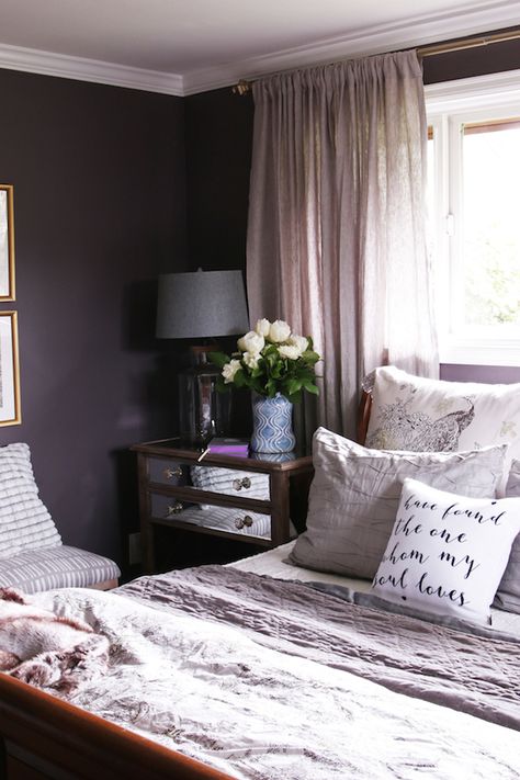 Master Bedroom Sneak Peek! {Black Frosted Plum Walls} - The Inspired Room Plum Walls Bedroom, Dark Purple Bedroom Ideas, Dark Purple Bedrooms, Dark Purple Bedroom, Plum Bedroom, Purple Bedroom Design, Plum Walls, Cozy Bedroom Colors, Bedroom Purple