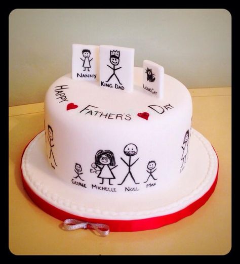 Stickman Dad cake Hand painted stick figures of family members. Family Cake Ideas Birthdays, Dad Cake Ideas, Birthday Cake For Father, Doodle Cake, Happy Anniversary Cakes, Birthday Cake For Husband, Dad Birthday Cakes, Cake For Husband, Family Cake