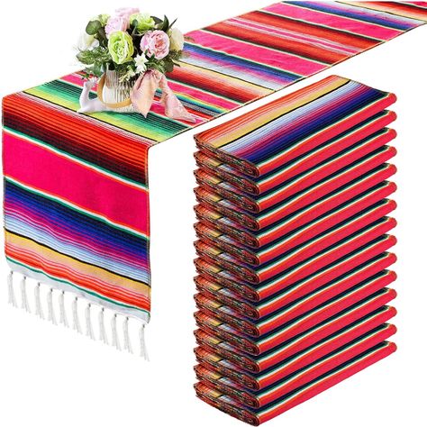 PRICES MAY VARY. Cotton What You Get: you will receive 15 pieces Mexican table runners with size of 14 x 84 inches, suitable for most long tables or round tables; The color is bright, which can decorate your home and parties, bring beautiful colors and create good festive atmosphere Creative Design: the Mexican party table blanket adopts traditional classic striped design, which symbolizes happiness; The combination of a solid weaving structure and fringed edges makes it more elegant; And the ma Mexican Theme Pool Party, Mexican Party Table, Elegant Mexican Theme Party, Mexican Fiesta Party Decorations, Mexican Theme Party, Table Blanket, Mexican Theme Party Decorations, Mexican Bridal Showers, Fiesta Table