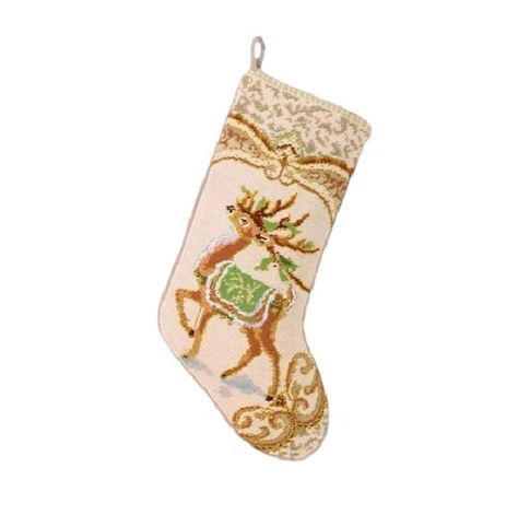 Reindeer Stocking, Needlepoint Stocking, Holiday Tree Skirts, Vintage Burlap, Gold Reindeer, Needlepoint Stockings, Christmas Stocking Pattern, Christmas Linen, Stocking Pattern